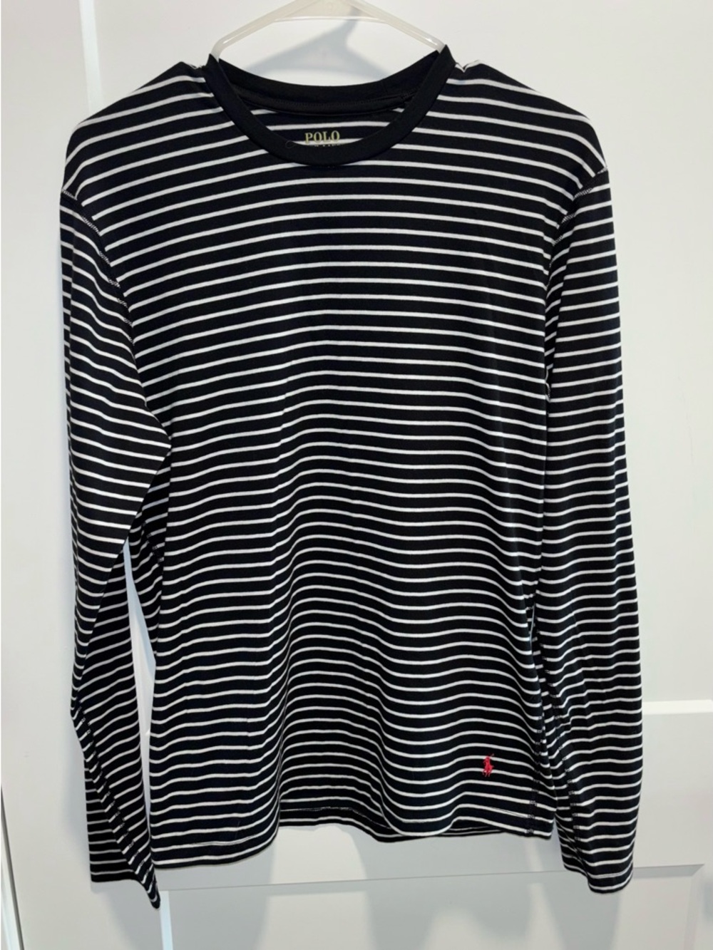 Ralph Lauren Black + White Striped Long Sleeve Polo Tee -  Large